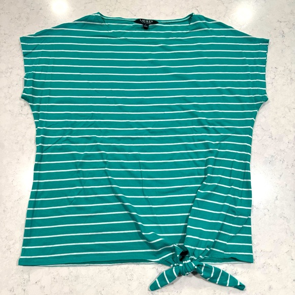 Lauren Ralph Lauren Green & White Striped Cap Sleeve Tie Front Top Shirt Teal - Picture 1 of 8